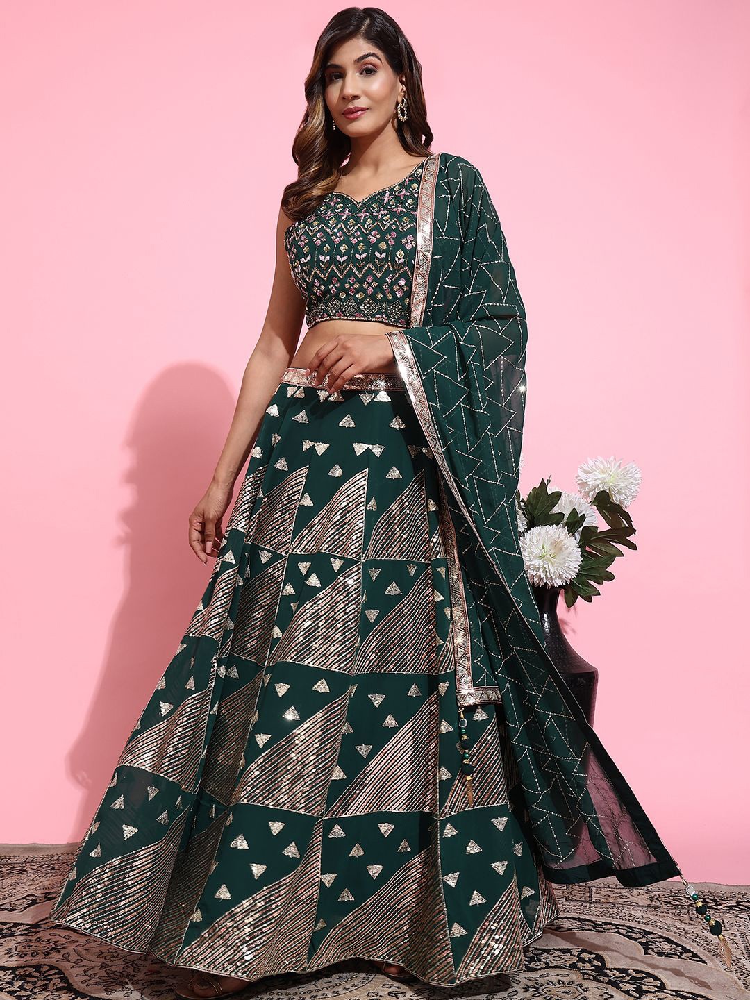 

VANAKARA Embellished Sequinned Ready to Wear Lehenga & Blouse With Dupatta, Green