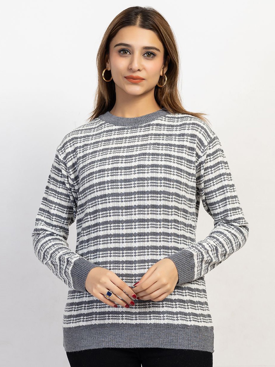 

LEZA Women Striped Pullover, Grey