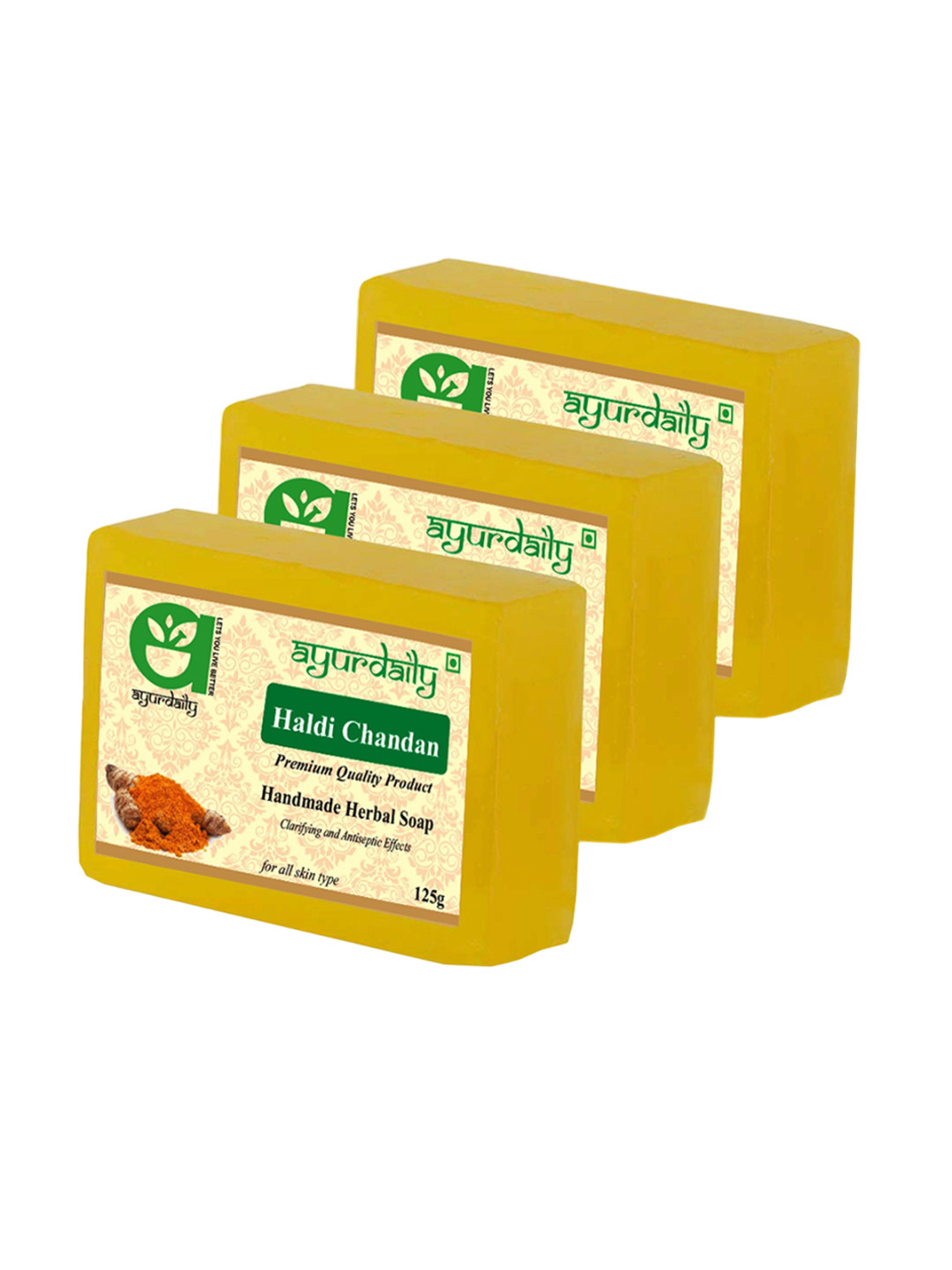 

Ayurdaily Set Of 3 Natural Haldi & Chandan Pure Glycerine Soaps - 125 g Each, White