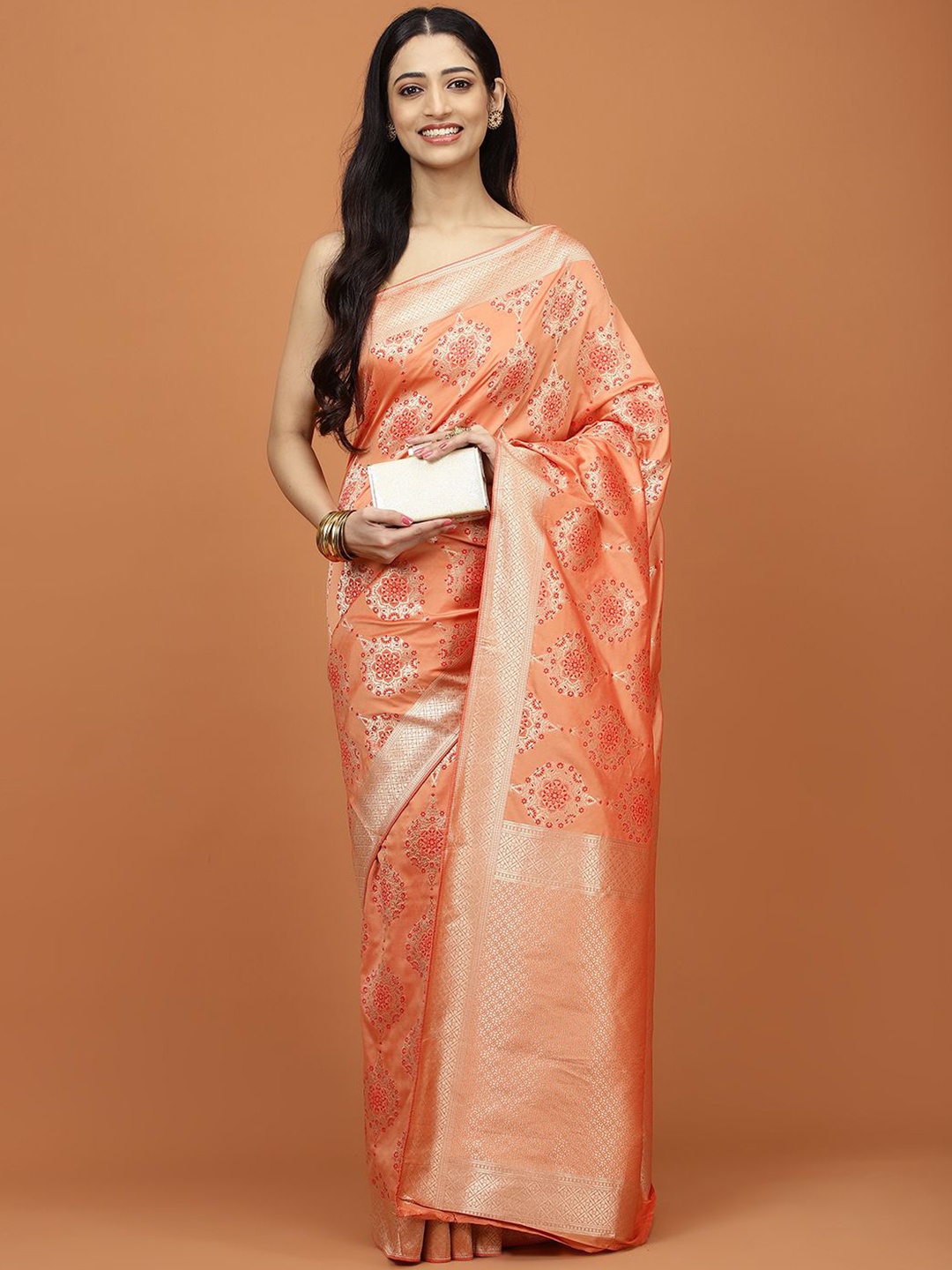 

Meena Bazaar Woven Design Banarasi Saree With Blouse Piece, Peach