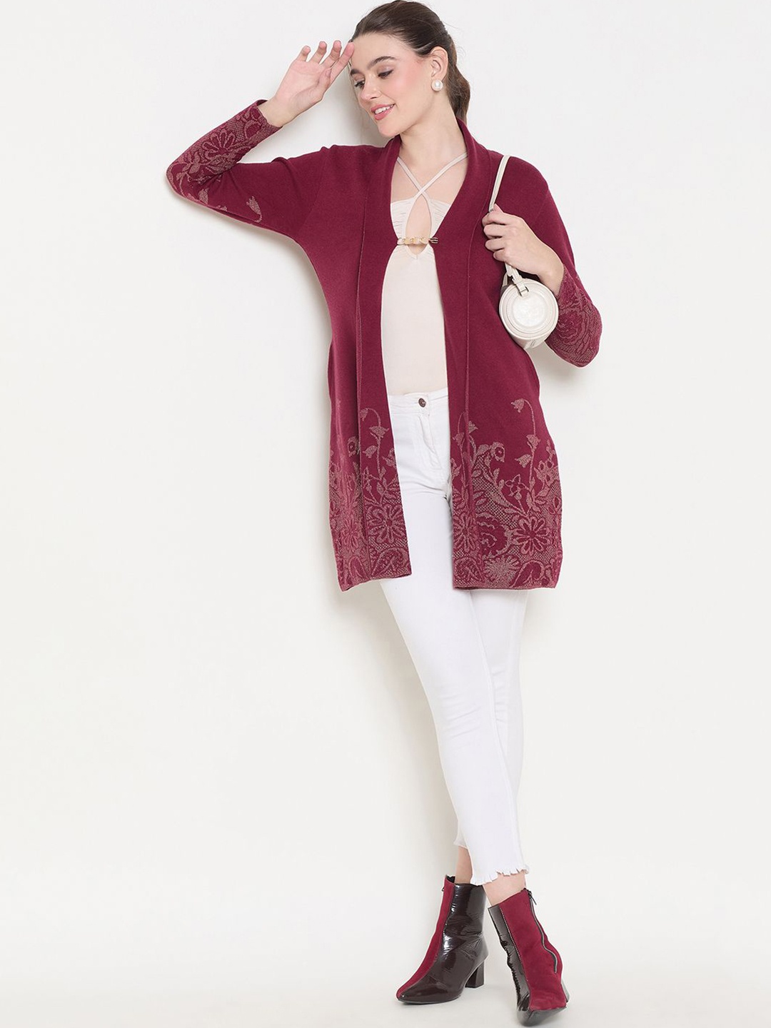 

Zigo Floral Self Design Longline Woollen Open Front Shrug, Maroon