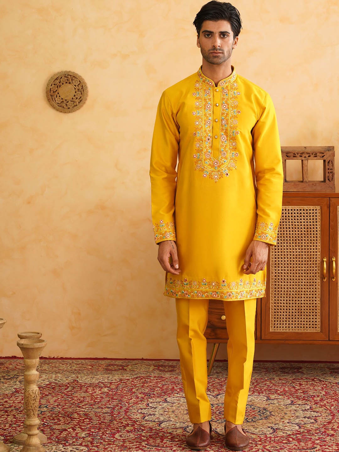 

Denis Parkar Floral Embroidered Mirror Work Straight Kurta With Pyjama & Waistcoat, Mustard