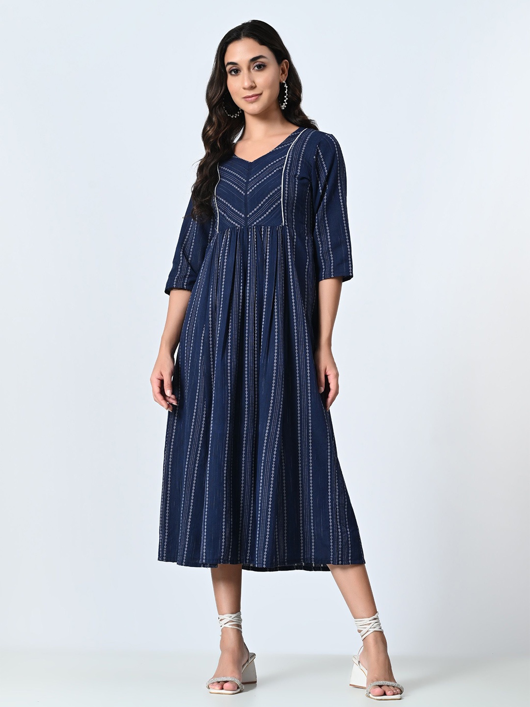 

BAESD Women Cotton V-Neck Striped A-Line Midi Dress, Blue