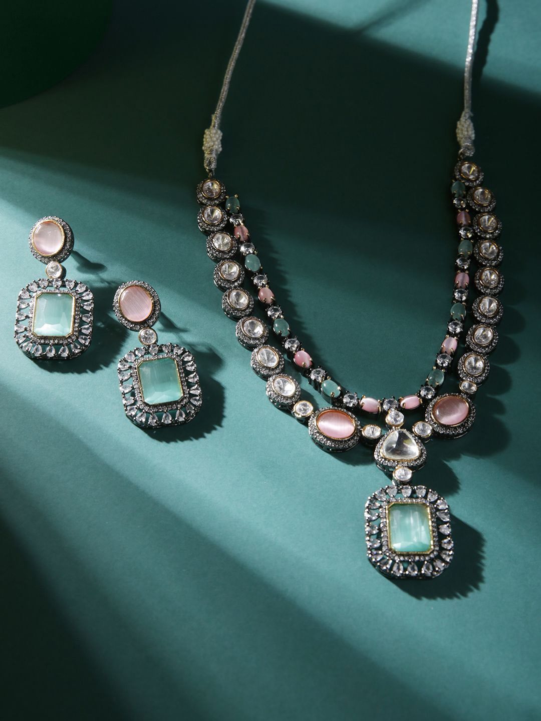 

justpeachy Rhodium-Plated American Diamond Stone-Studded Jewellery Set, Silver