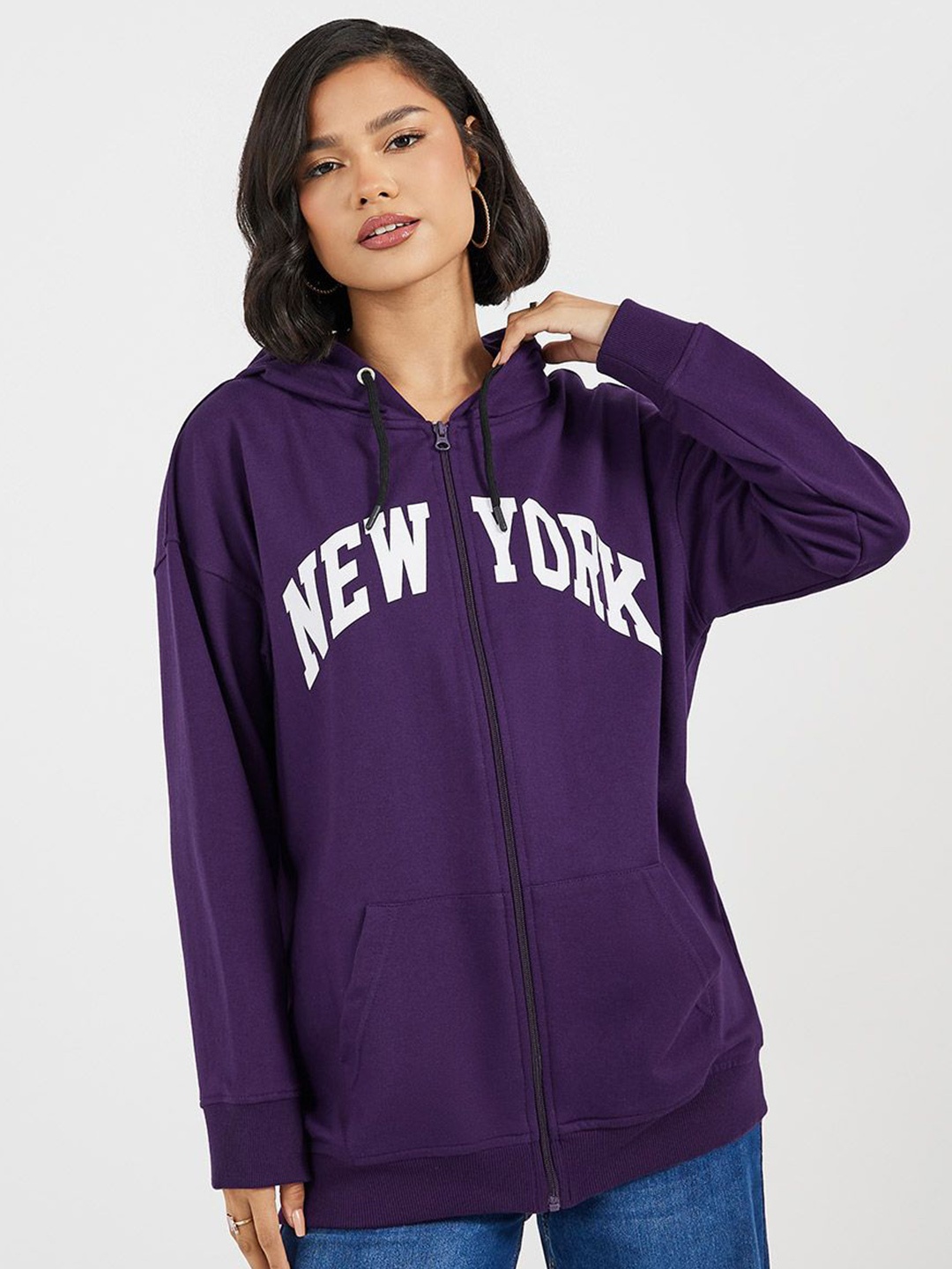 

Styli Women Oversized Fit Long Zip Through Slogan Hoodie, Purple