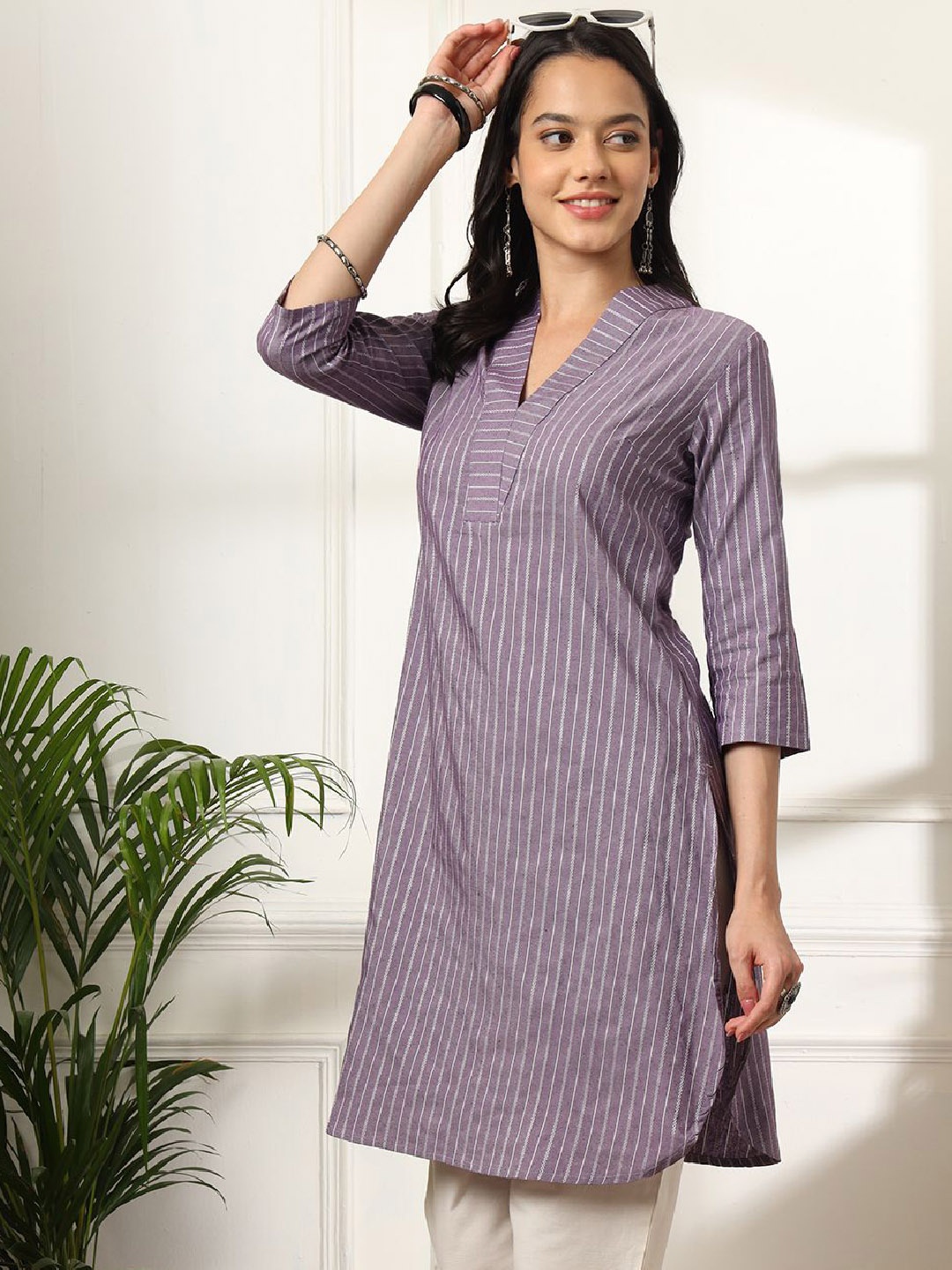 

Anouk Rustic V-Neck Striped Cotton Straight Kurta, Purple