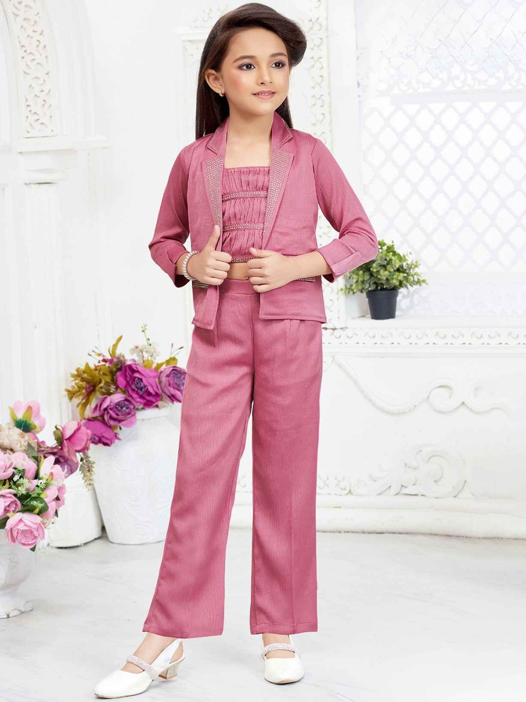 

Lagorii Girls Embellished Square Neck Long Sleeves Top And Trousers With Overcoat, Pink
