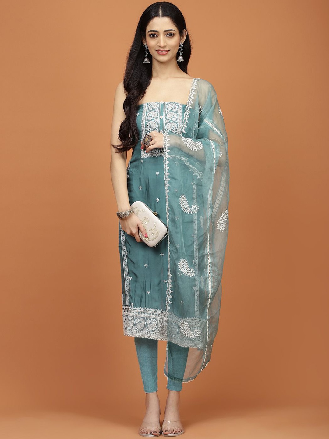 

Meena Bazaar Paisley Embroidered Beads And Stones Unstitched Dress Material, Blue