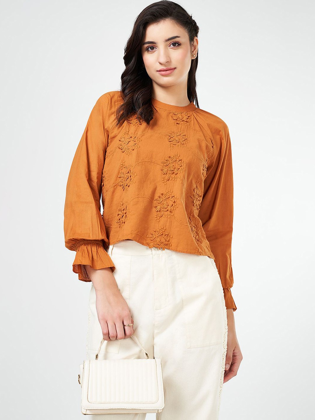 

Honey by Pantaloons Women Floral Embroidered Cotton Top, Tan