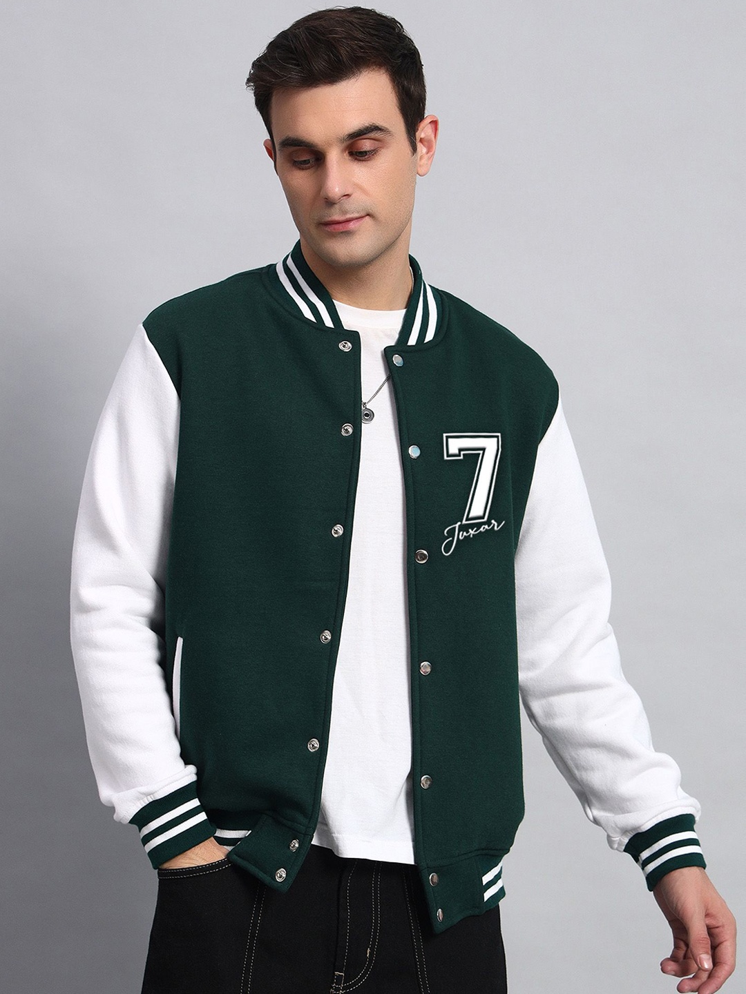 

Juxar Men Stand Collar Colourblocked Cotton Casual Varsity Jacket, Green