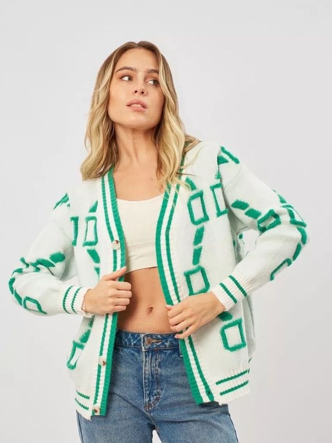 

LULU & SKY Women Geometric Embroidery Cardigan, White