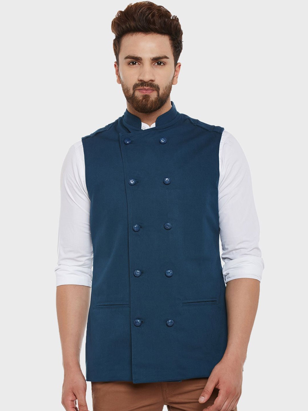 

Hypernation Men Double-Breasted Pure Cotton Woven Nehru Jackets, Teal