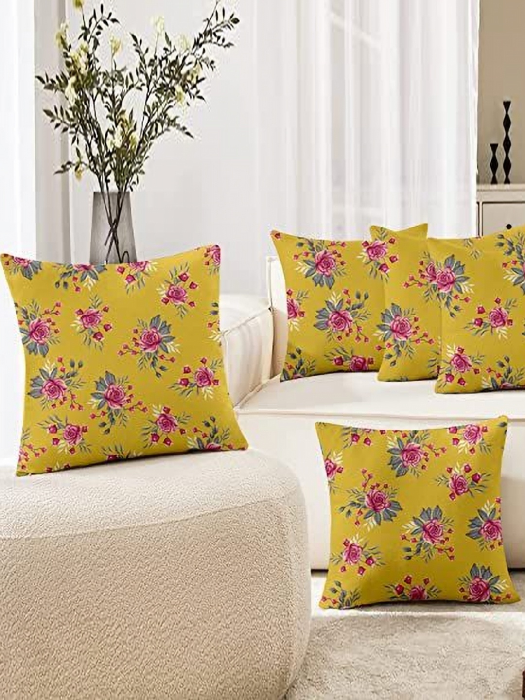 

Lushomes Yellow & Pink Set of 5 Floral Square Cushion Covers