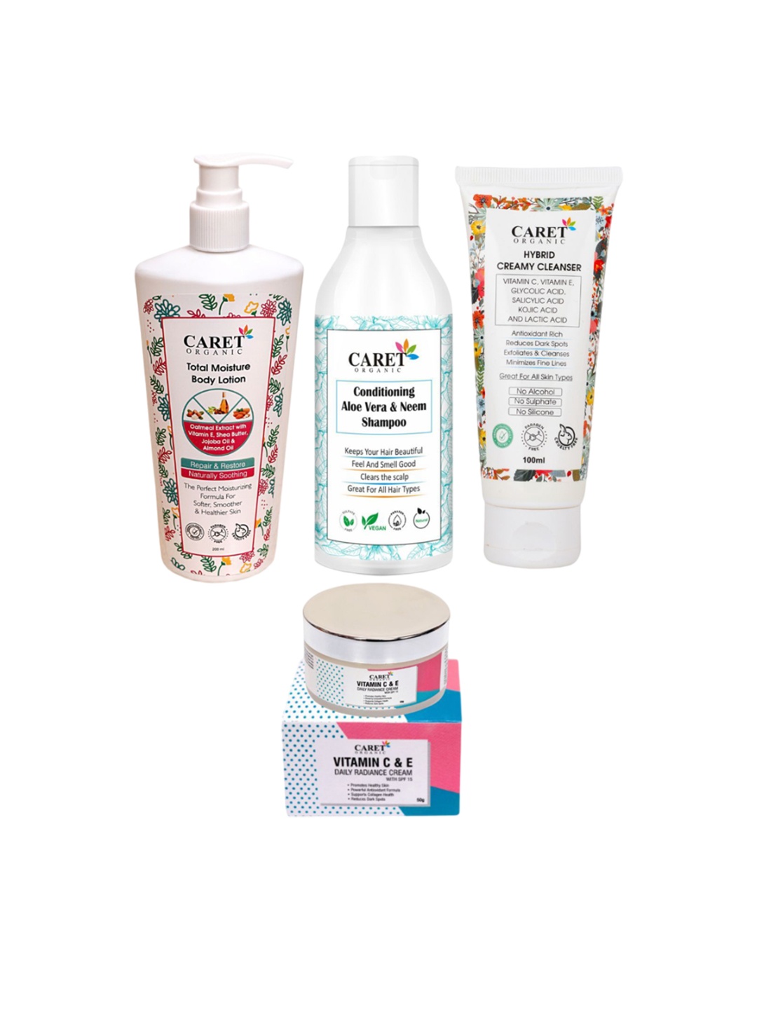 

CARET ORGANIC Set of 4 Body Lotion & Aloevera Shampoo & Radiance Cream & Hybrid Wash, White
