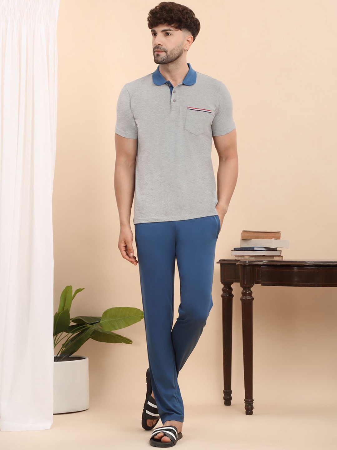

Sweet Dreams Men Shirt Collar Pure Cotton Night suit, Grey melange