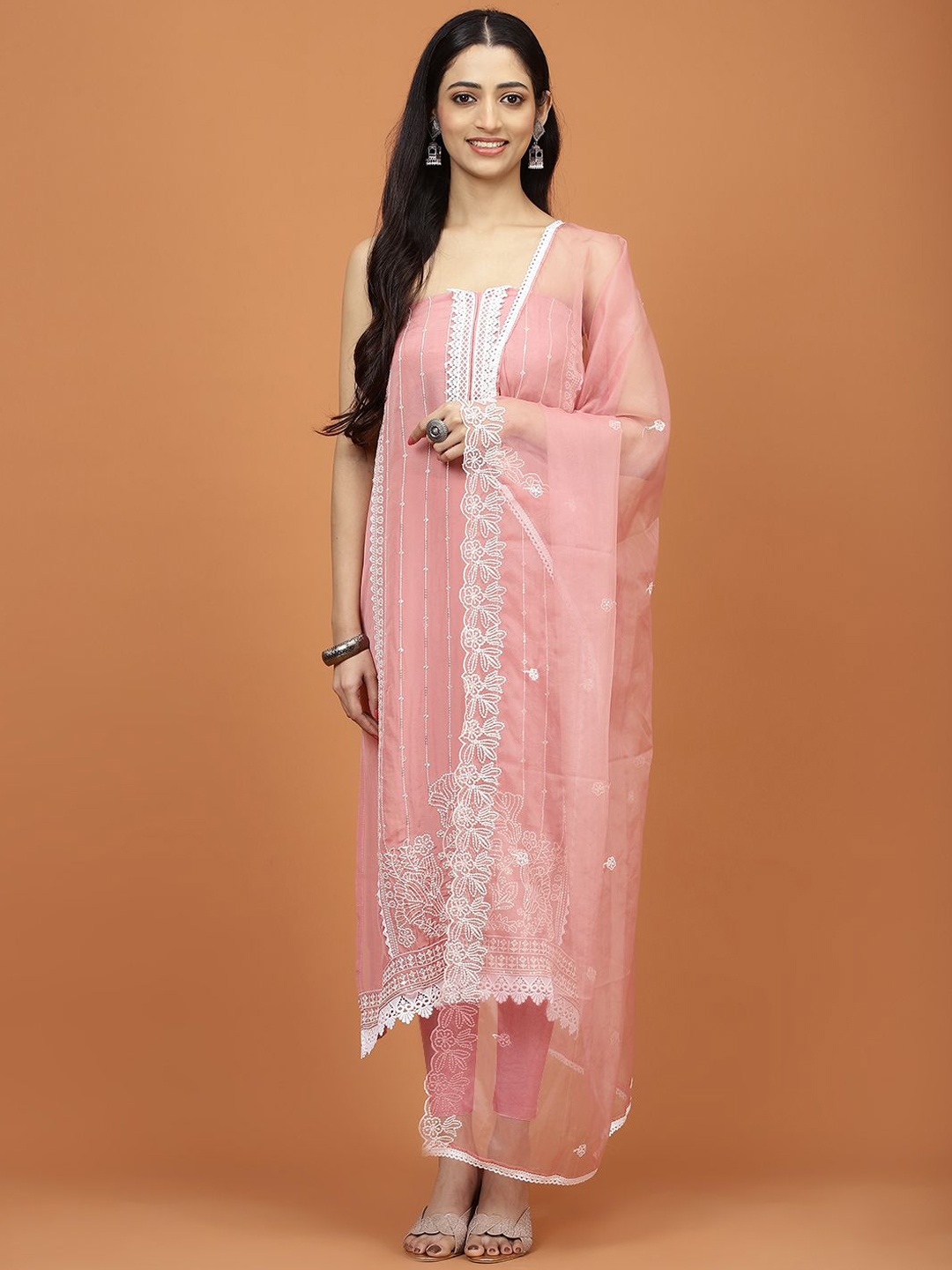 

Meena Bazaar Floral Embroidered Organza Unstitched Dress Material, Peach