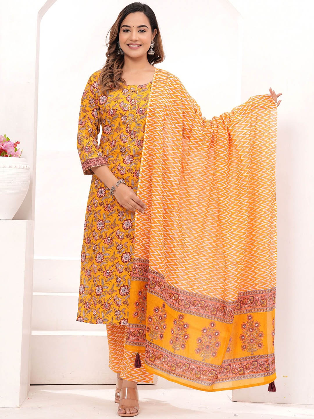 

VASUPRADA Floral Printed Gotta Patti Pure Cotton Straight Kurta With Trousers & Dupatta, Mustard