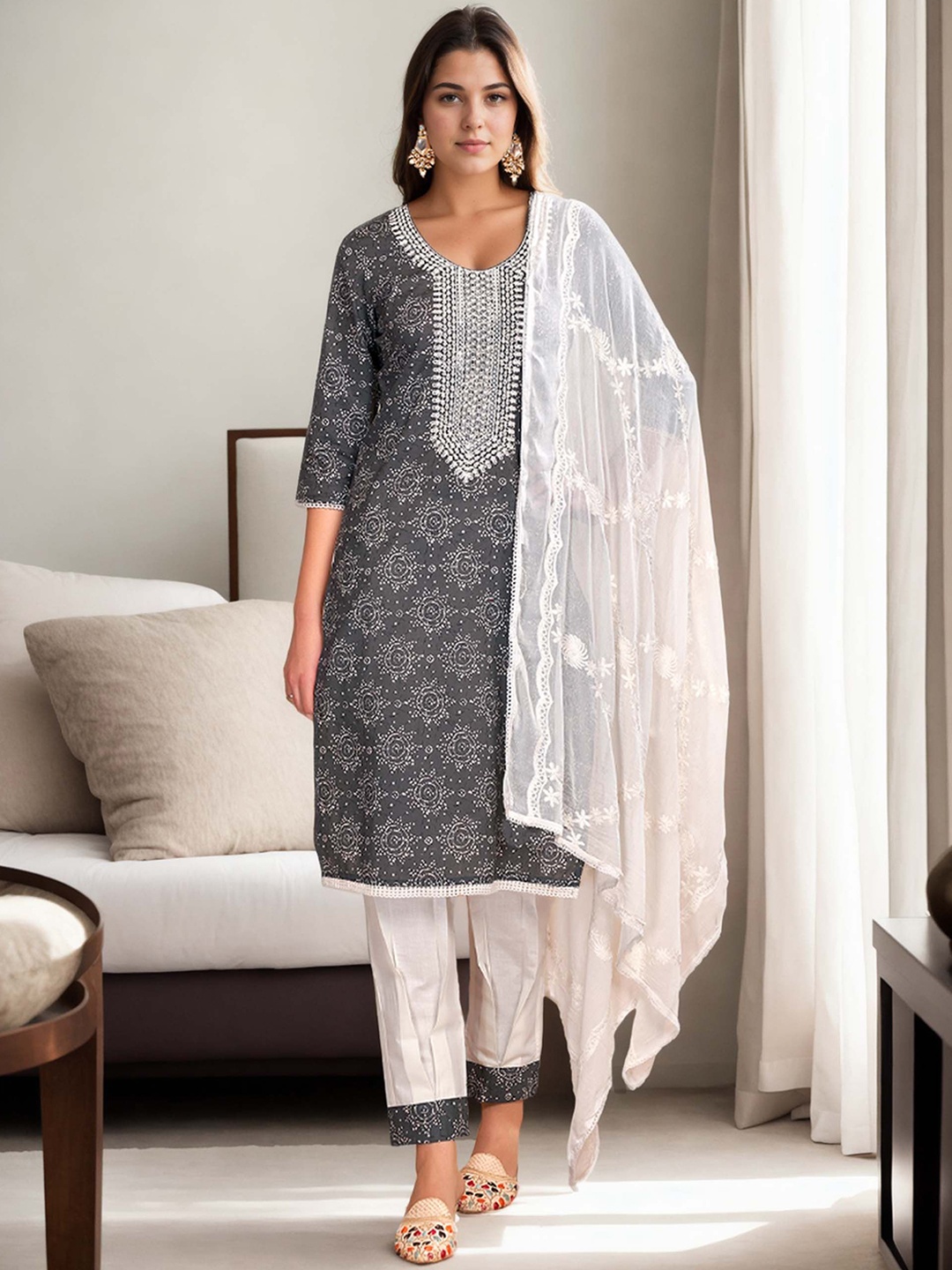 

Anouk Ethnic Motifs Printed Thread Work Pure Cotton Straight Kurta with Trousers & Dupatta, Grey
