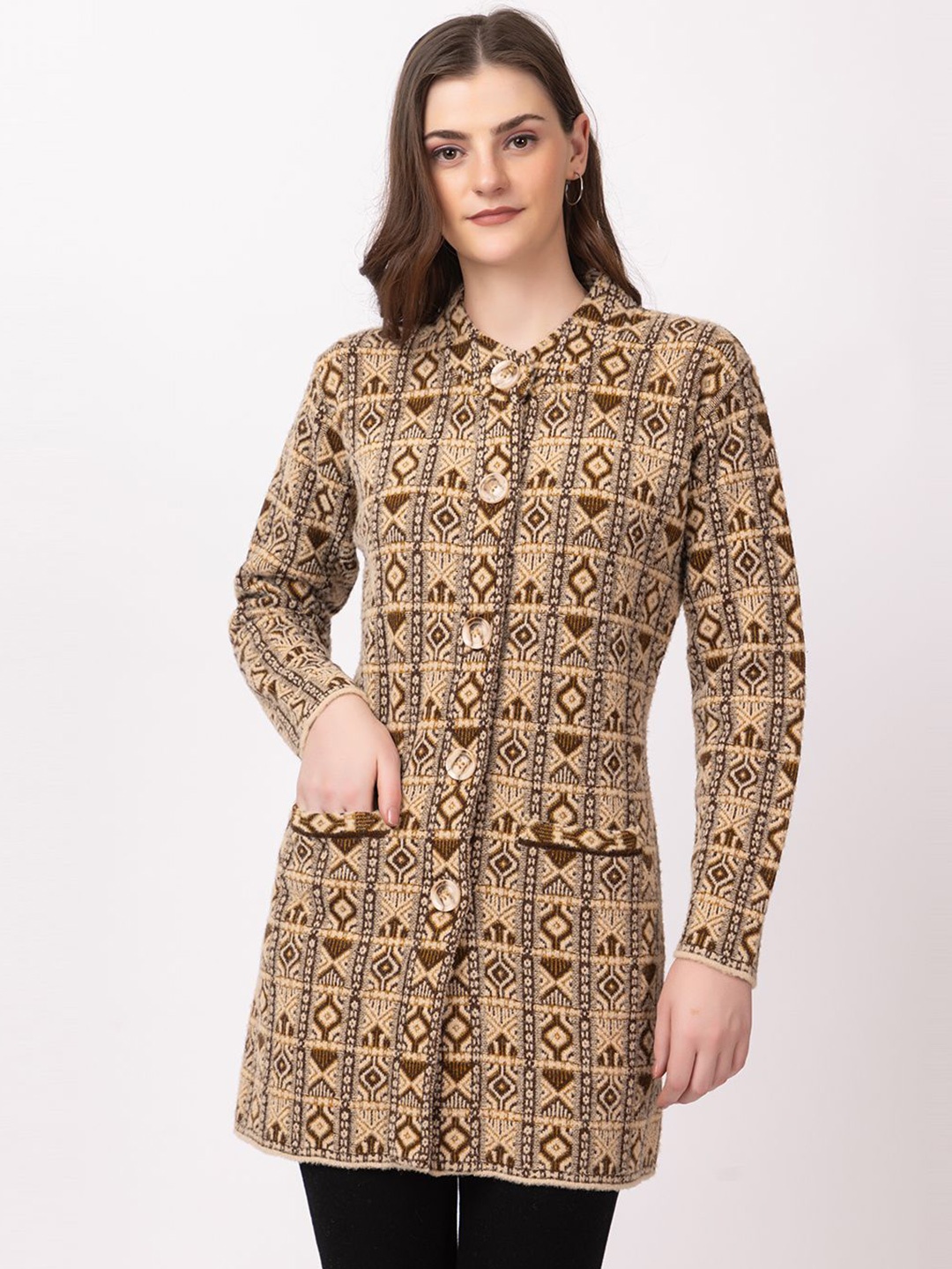 

TWENTY ME Women Ethnic Motifs Self Design Longline Cardigan, Beige