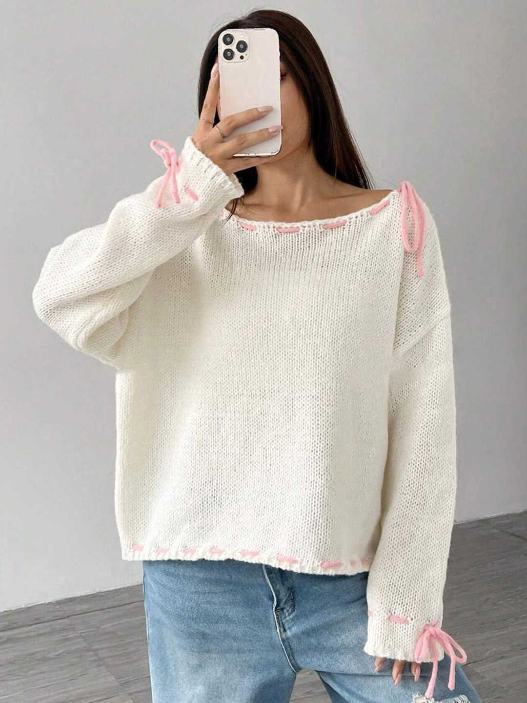 

LULU & SKY Women Contrast Tie-detail Loose Pullover Sweater, Beige