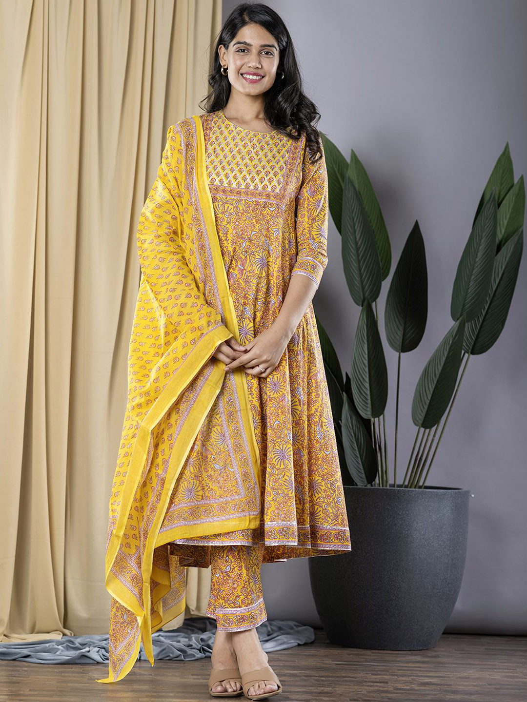 

KALINI Floral Printed Pure Cotton Anarkali Kurta with Trousers & Dupatta, Mustard