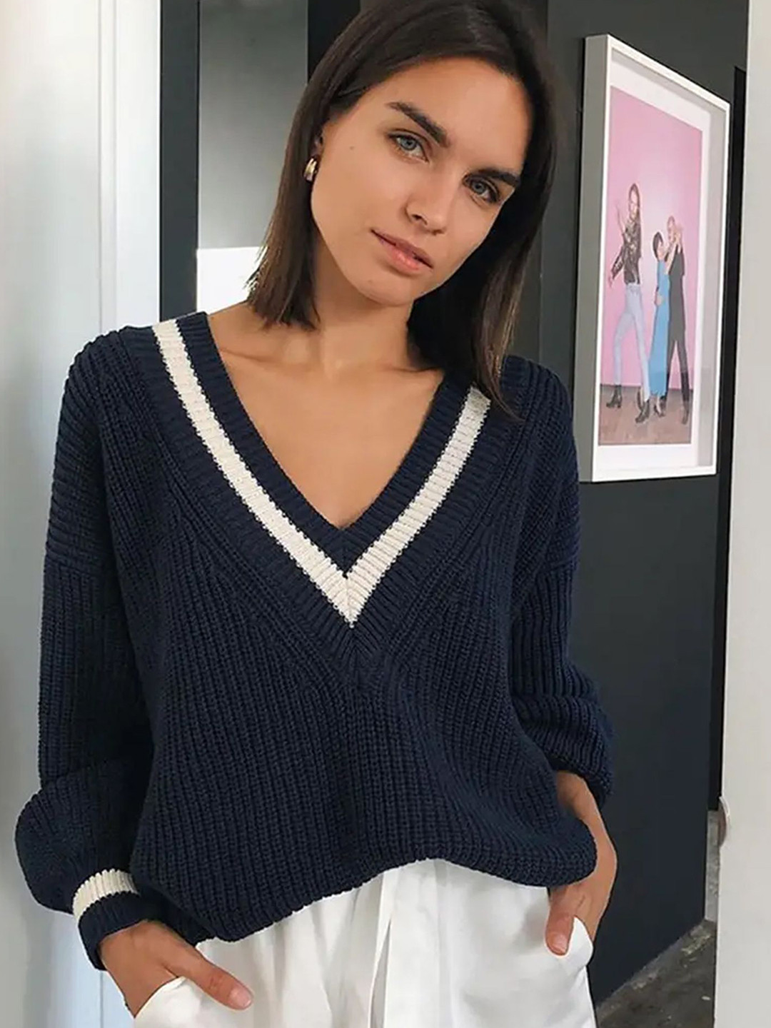 

LULU & SKY Women Ribbed Pullover, Navy blue