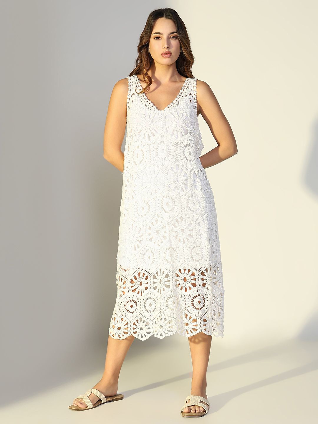 

SHOWOFF Women V-Neck A-Line Crochet Midi Dress, White