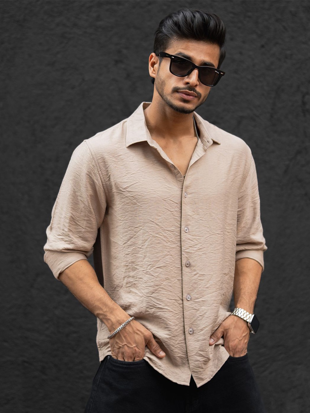 

Powerlook Men Spread Collar Solid Relaxed Fit Casual Shirt, Beige