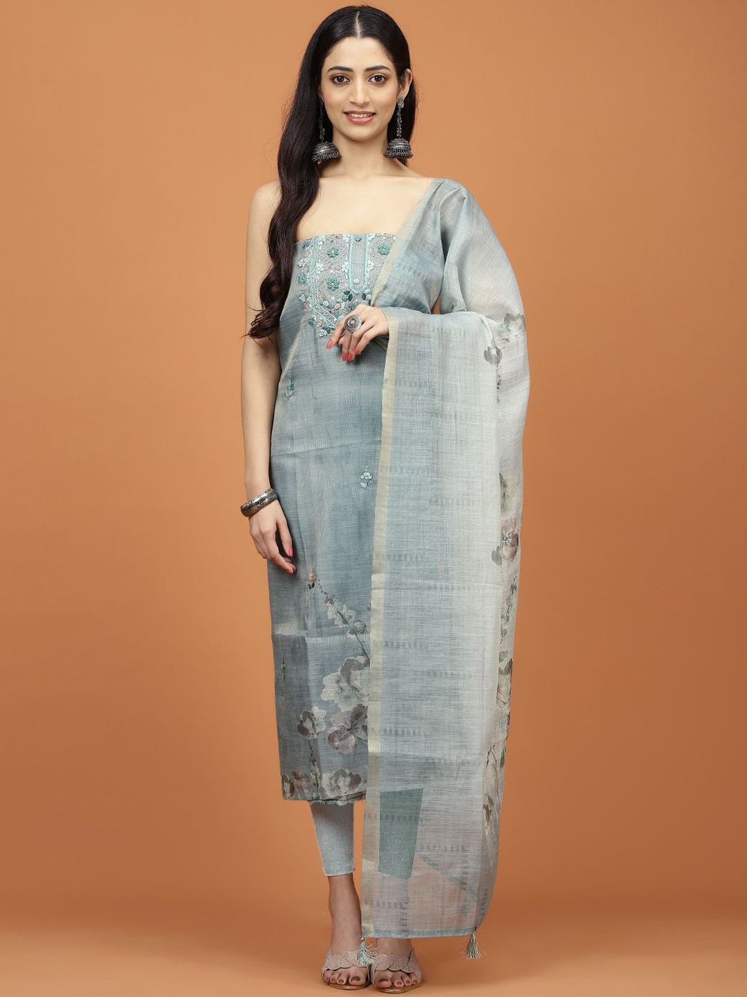 

Meena Bazaar Floral Embroidered Chanderi Unstitched Dress Material, Sea green
