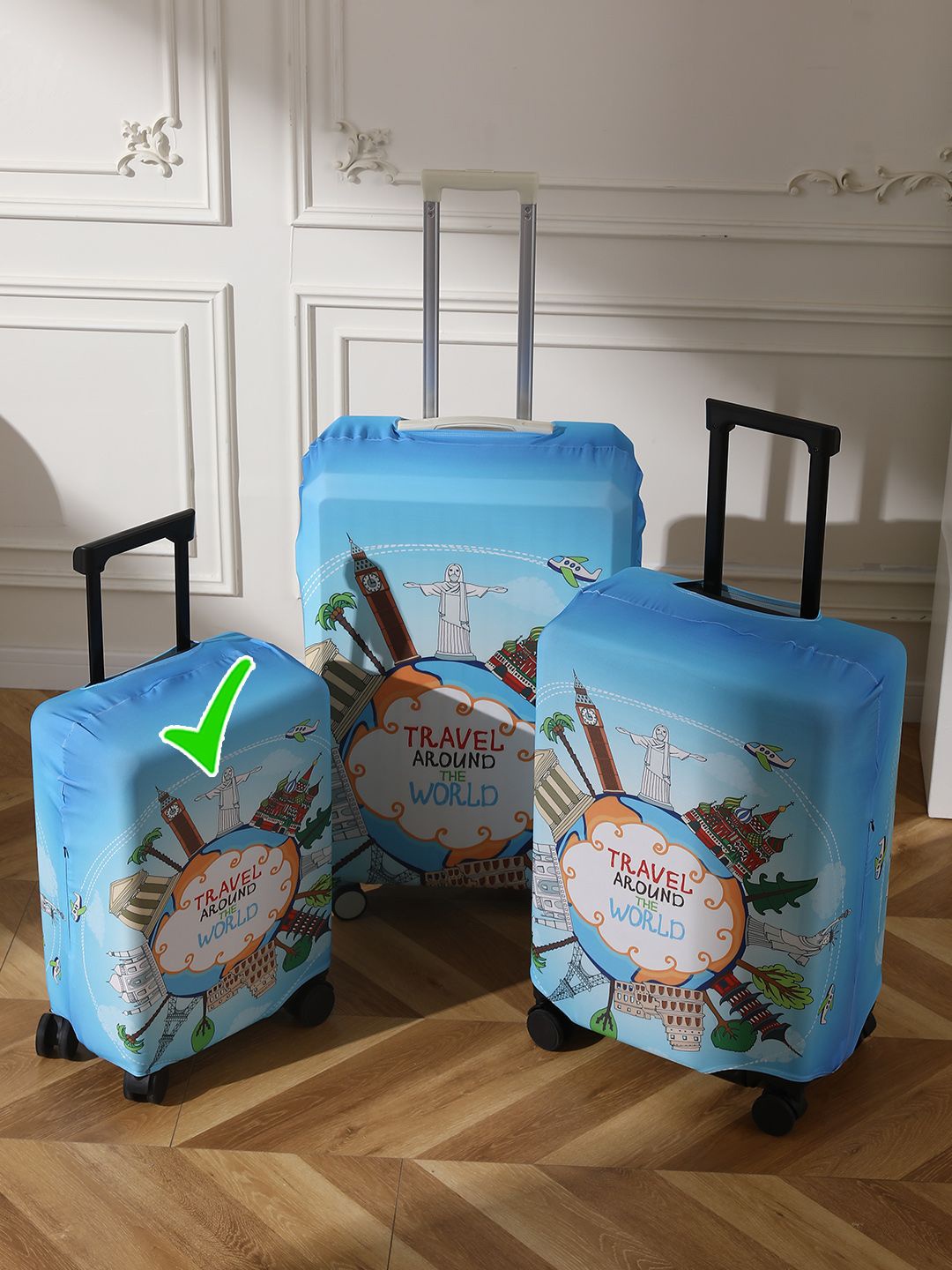 

HOKIPO Graphic Travel Around the World Printed Small Trolley Suitcase Cover, Blue