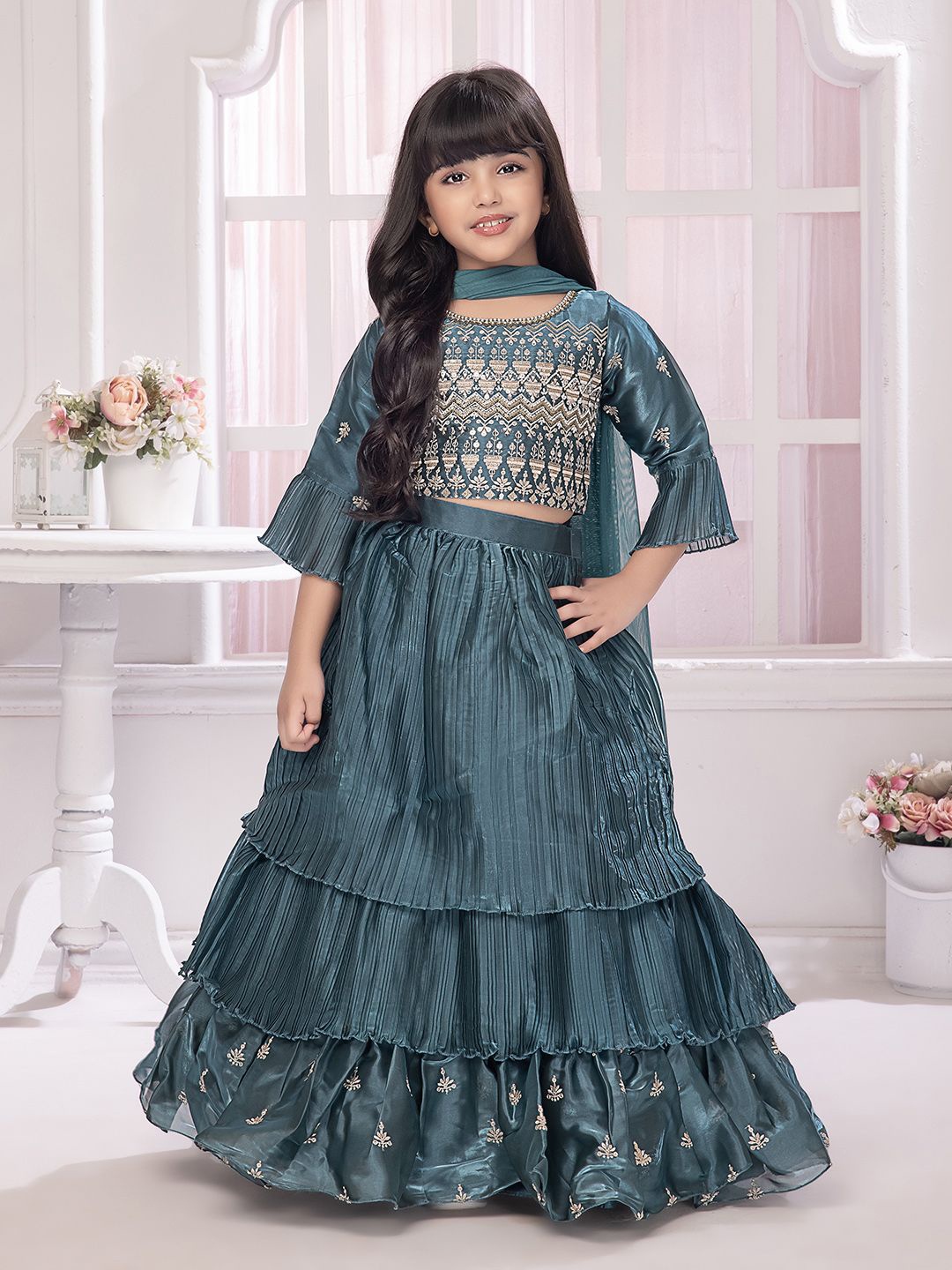 

BETTY Girls Embellished Ready to Wear Lehenga & Blouse With Dupatta, Teal