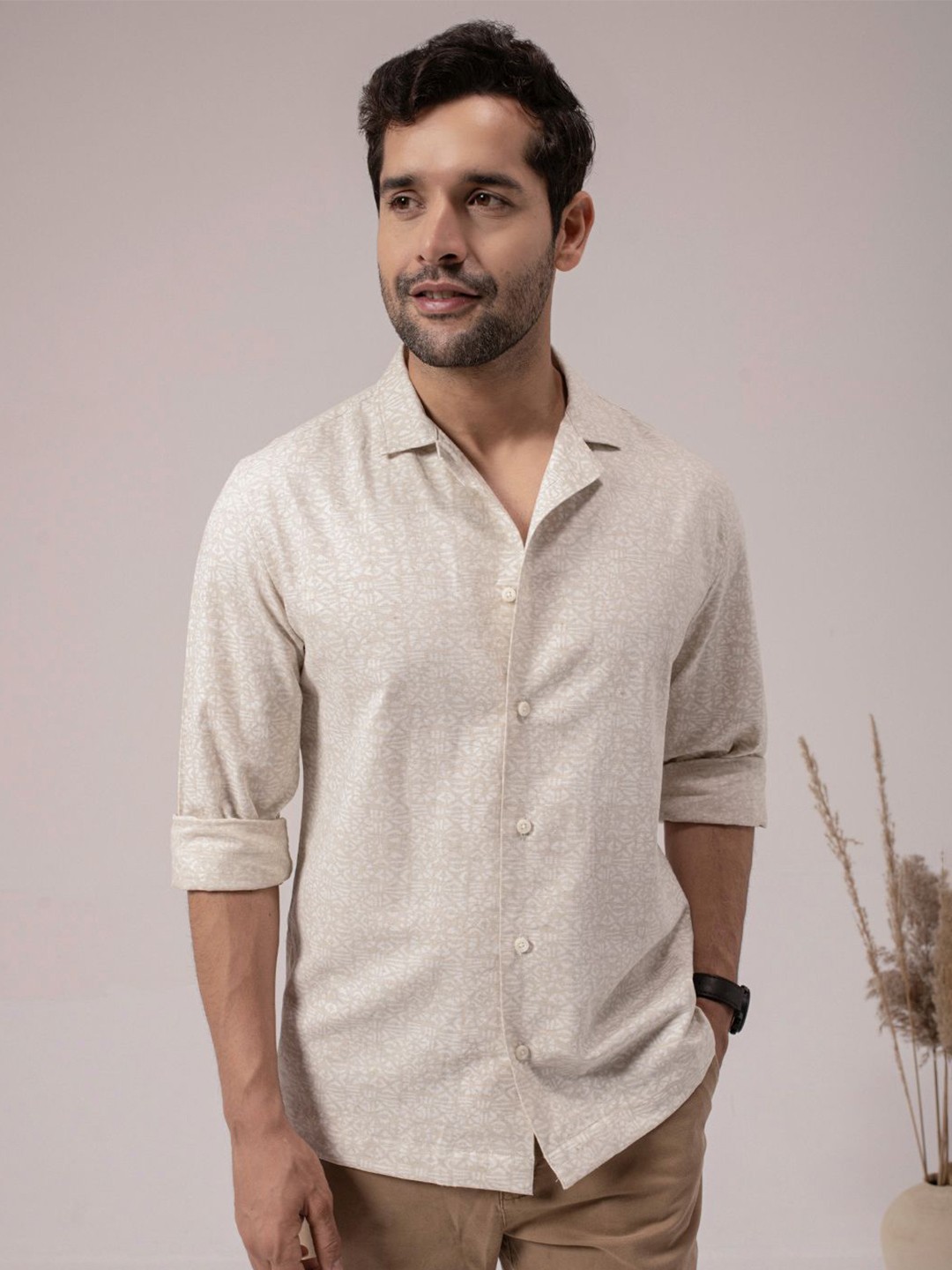 

PERCH Men India Slim Cuban Collar Abstract Printed Cotton Slim Fit Casual Shirt, Beige