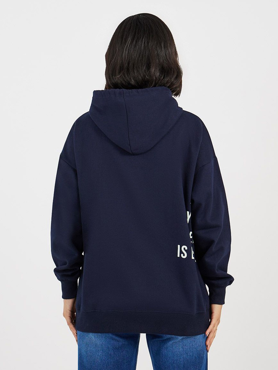 

Styli Women Typography Printed Oversized Fit Longline Hoodie, Navy blue