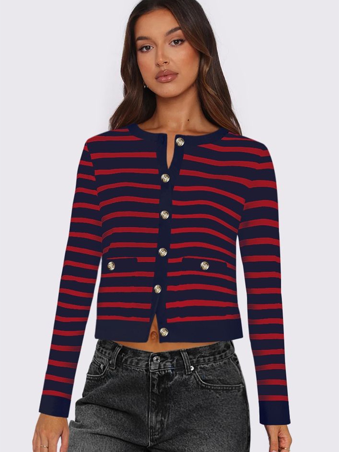 

LULU & SKY Women Striped Cardigan, Navy blue