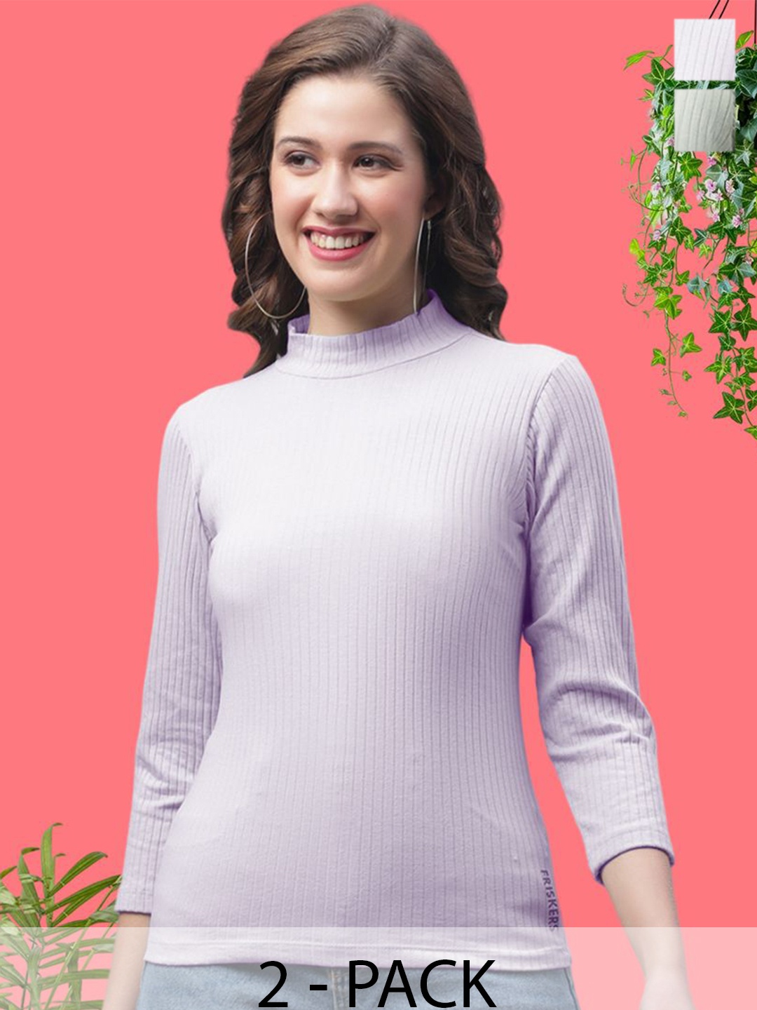 

FBAR Women Pack Of 2 Striped High Neck Fitted Top, Lavender