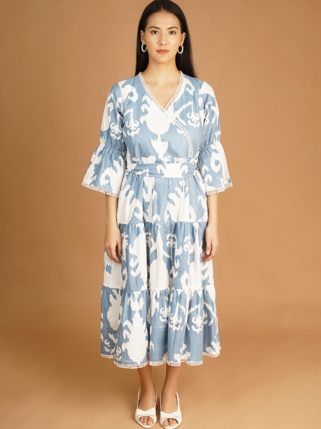 

INDOPHILIA Women Abstract Printed Bell Sleeves Cotton Fit & Flare Midi Dress, Blue