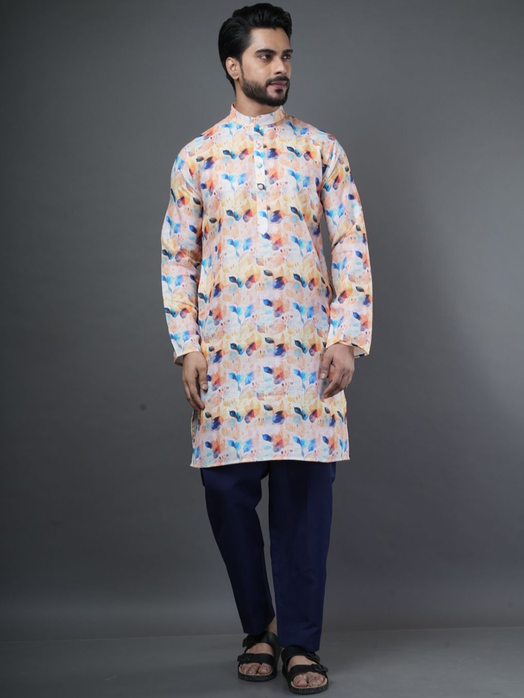 

ARYA Abstract Printed Mandarin Collar Long Sleeves Regular Linen Straight Kurta, Pink