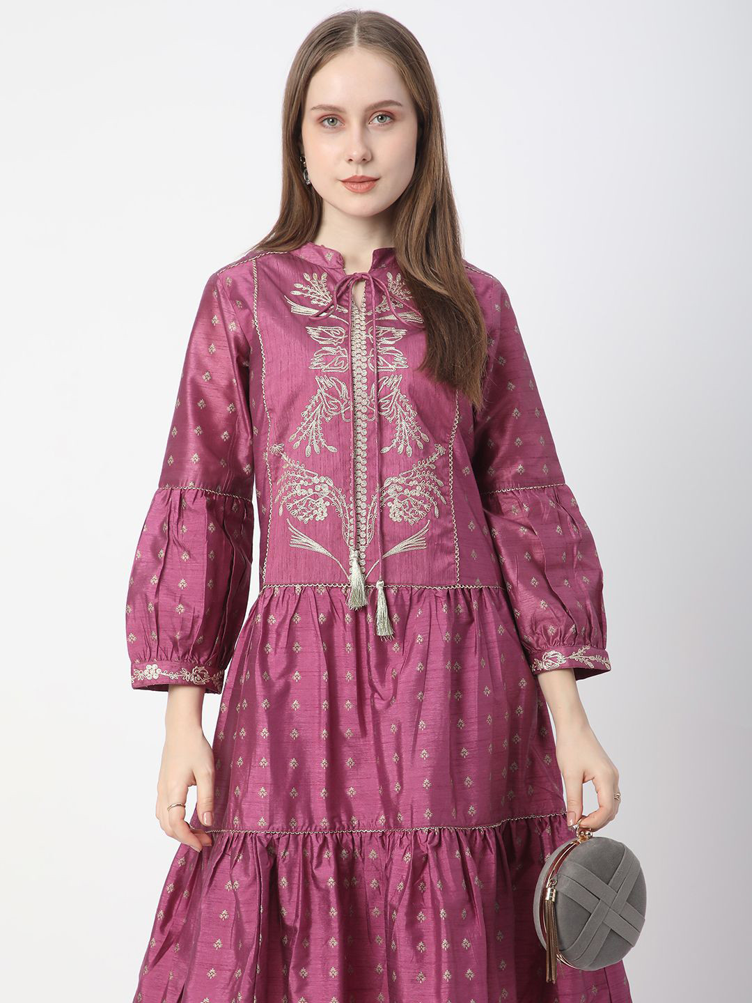 

R&B Women Floral Printed Puff Sleeve Fit & Flare Midi Dress, Red