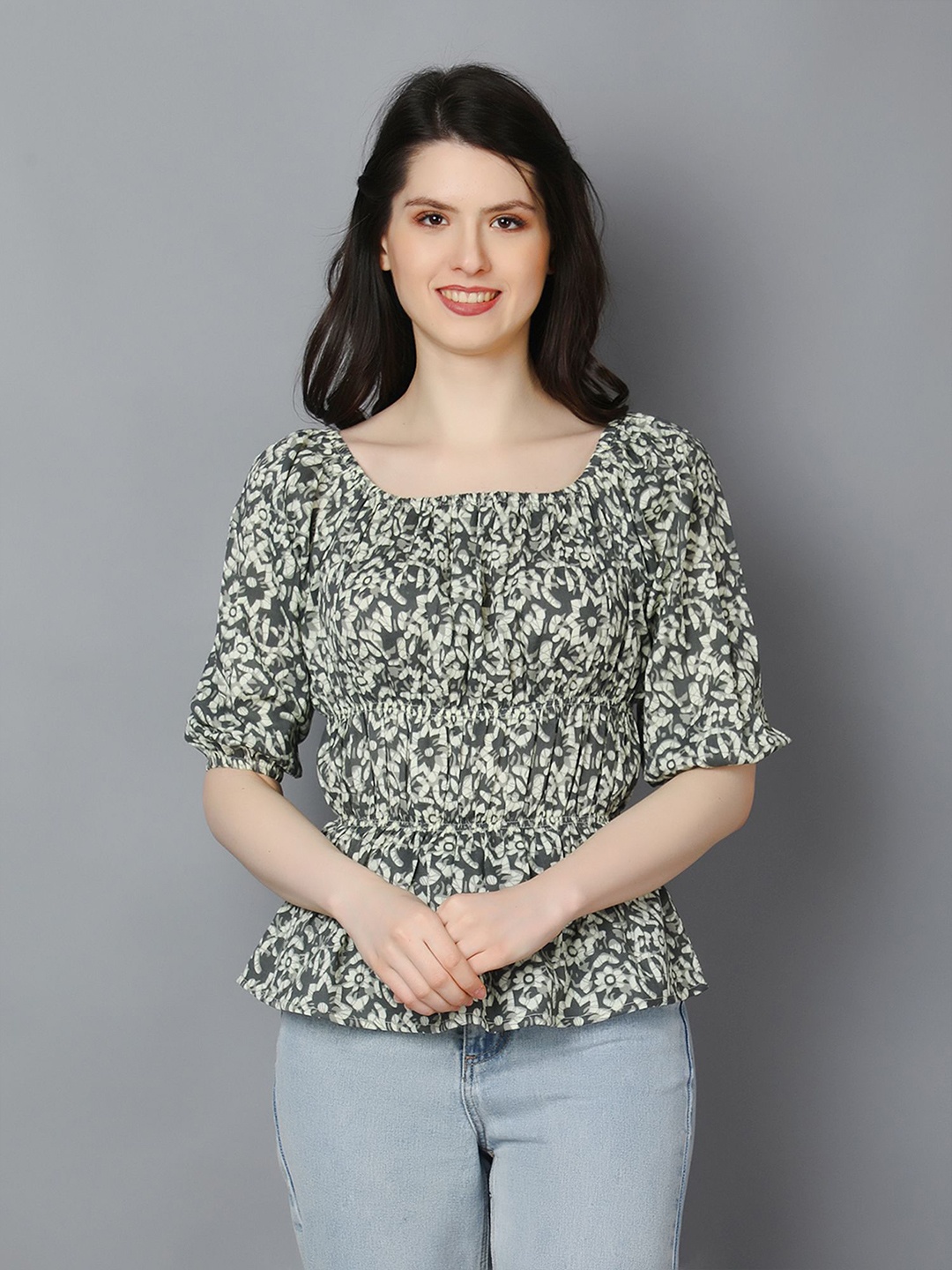 

Zuvino Women Off-Shoulder Puff Sleeve Cotton Top, Grey