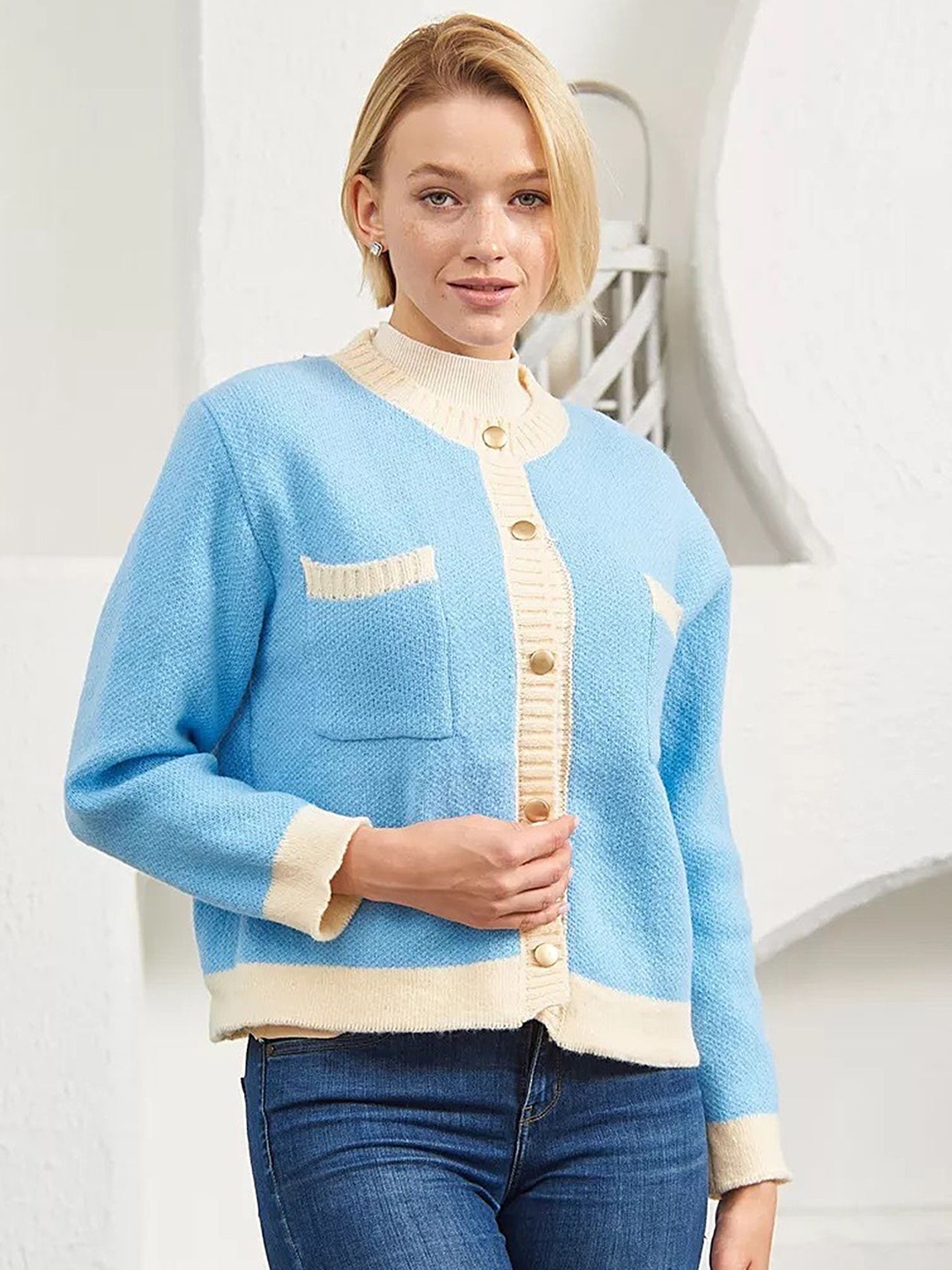 

LULU & SKY Women Colourblocked Round Neck Long Sleeves Cardigan, Blue