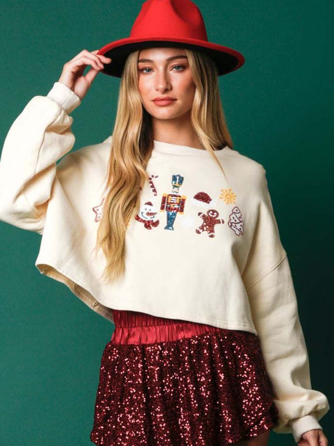 

LULU & SKY Women Embroidered Long Sleeves Crop Pullover, White