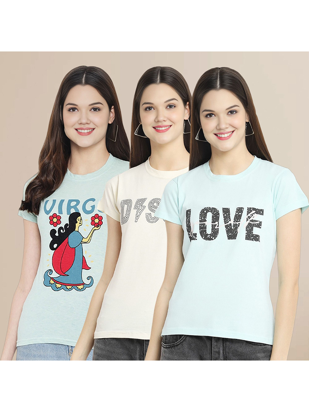 

Metronaut Women Pack Of 3 Typography Printed Round Neck Cotton T-shirts, Off white