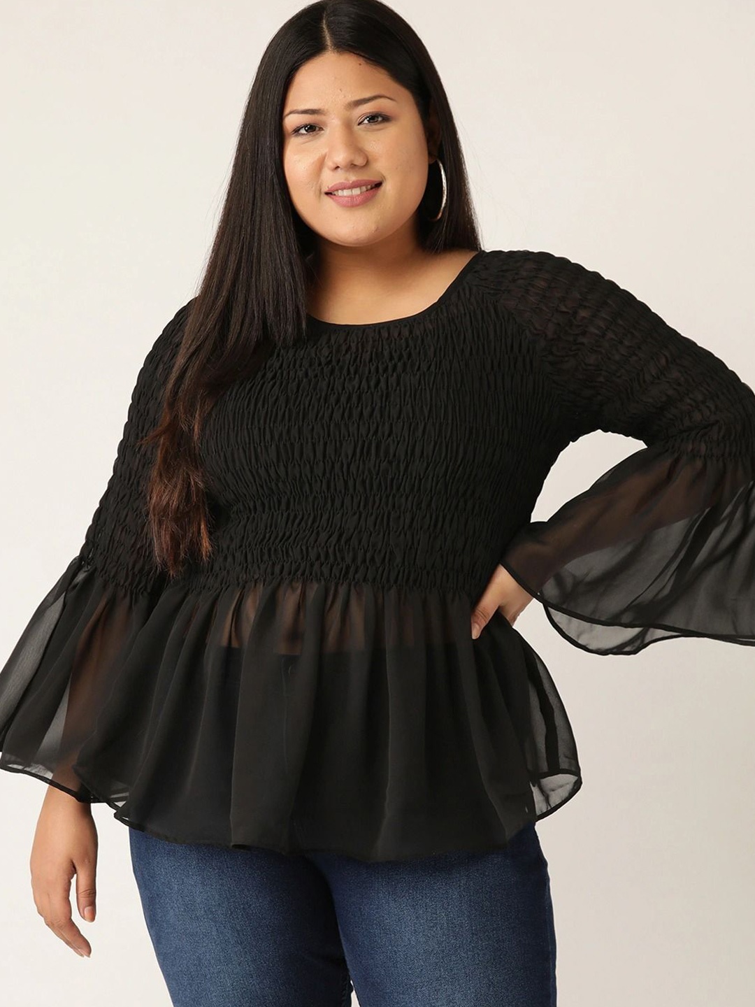 

theRebelinme Women Bell Sleeve Smocked Detail Peplum Top, Black