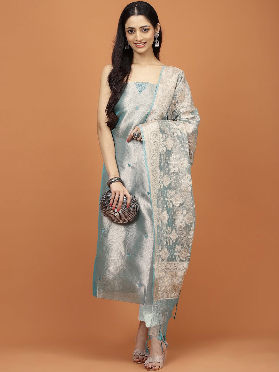 

Meena Bazaar Embroidered Sequinned Tissue Unstitched Dress Material, Sea green