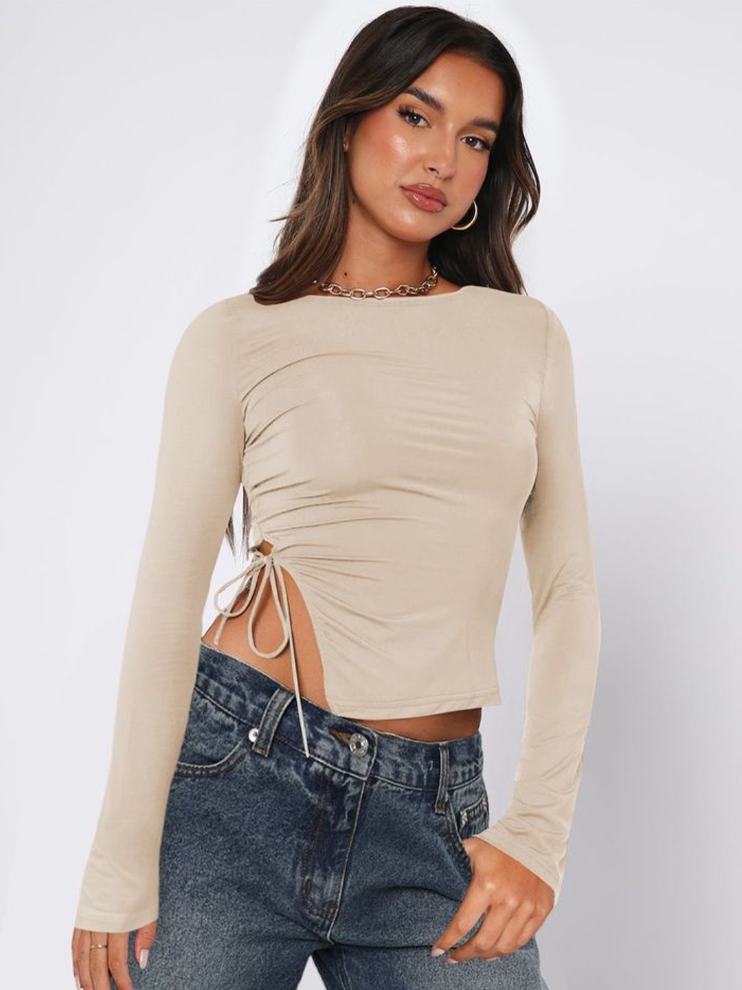 

LULU & SKY Women Round Neck Long Sleeves Crop Top, Beige