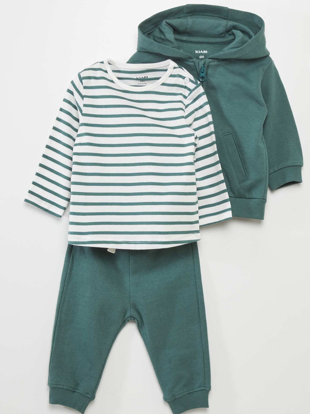 

KIABI Boys Striped T-shirt with Trousers and Jacket, Green