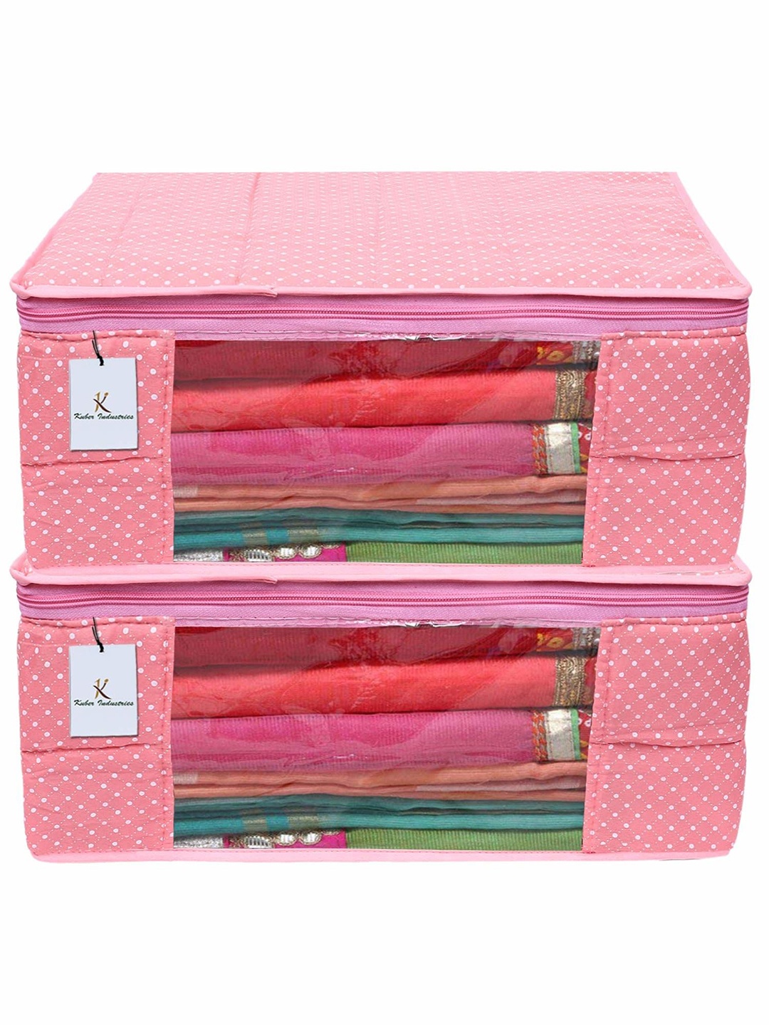 

Kuber Industries Pink & White 2 Pieces Polka Dots Printed Cotton Saree Cover Organisers