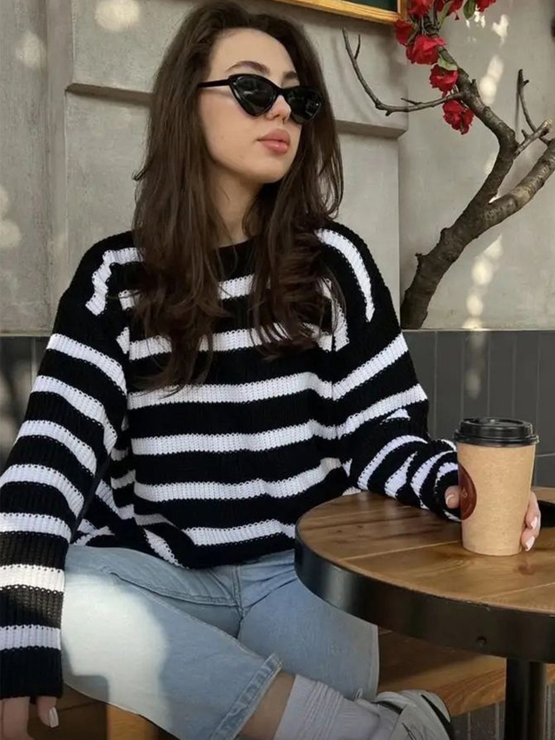 

LULU & SKY Women Striped Round Neck Pullover, Black