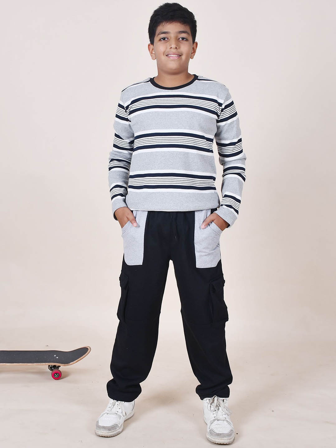 

KiddoPanti Boys Round Neck Striped T-Shirt with Joggers, Grey melange