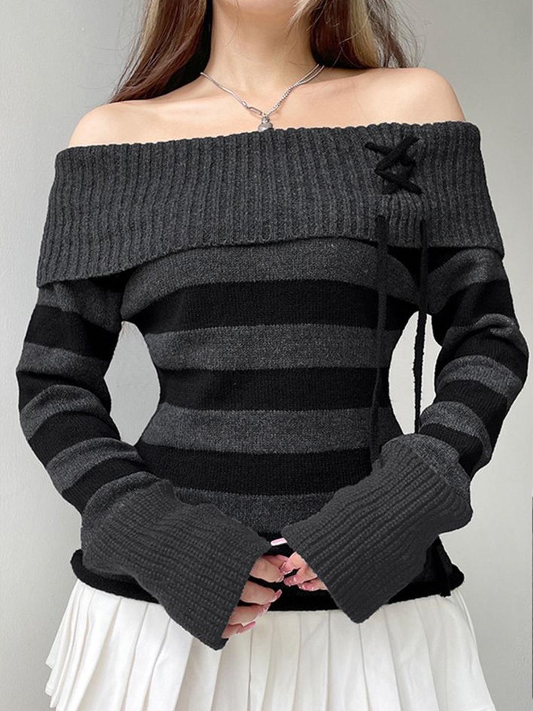 

LULU & SKY Women Striped Off Shoulder Cardigan, Grey
